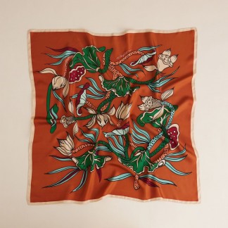 Orange silk scarf printed with lotus ( Liên hoa vũ scarf )